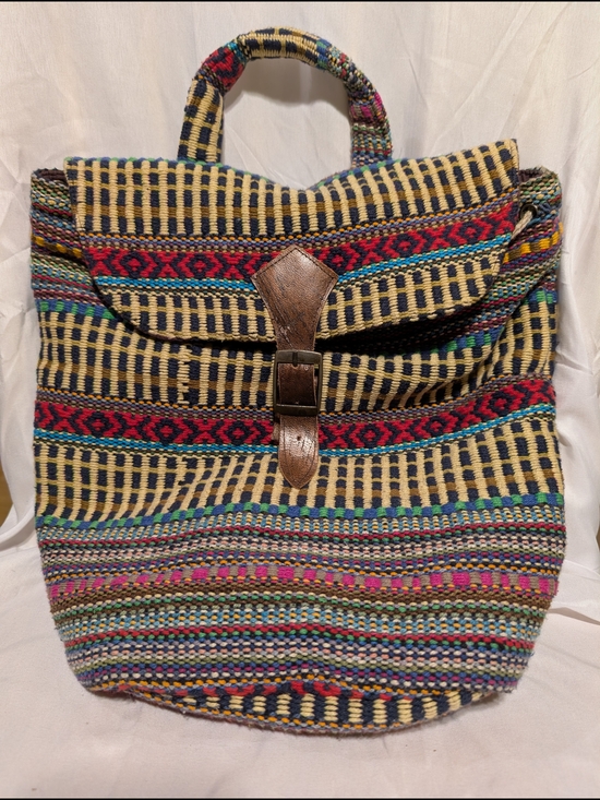 Cost Plus World Market Handbags - World Market Multicolor Woven Backpack with Brown Leather Buckle